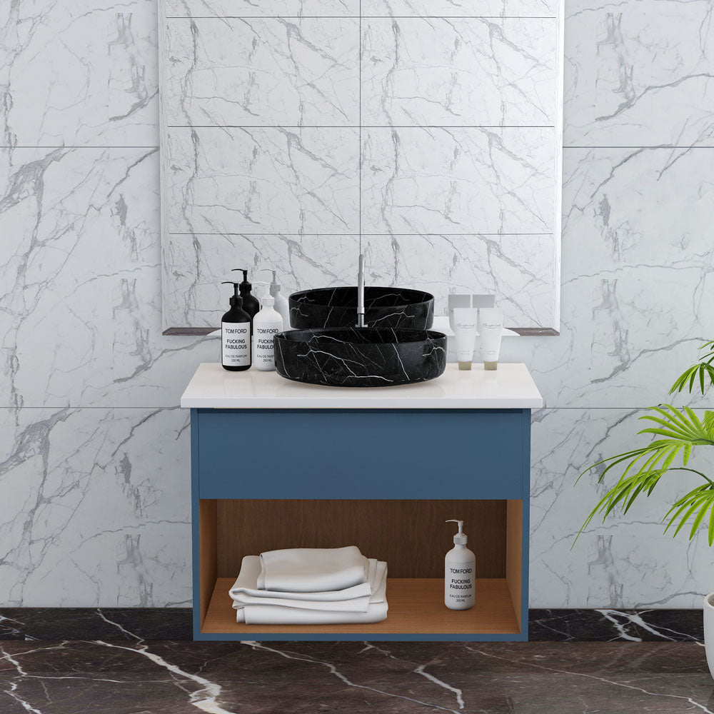 Vanity, Blue & Wood Vanity, Vanity with White Corian Top, Vanity with Drawer, Vanity with oepn space,  Vanity -EL-237