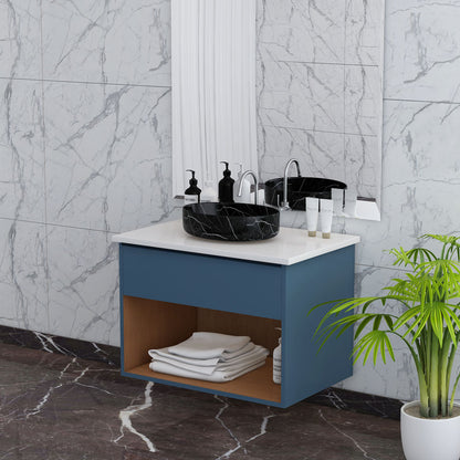 Vanity, Blue & Wood Vanity, Vanity with White Corian Top, Vanity with Drawer, Vanity with oepn space,  Vanity -EL-237