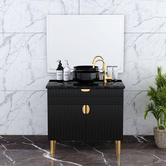 Black & Gold Metal Legs Bathroom Vanity with Shutter & Drawer  - EL-245