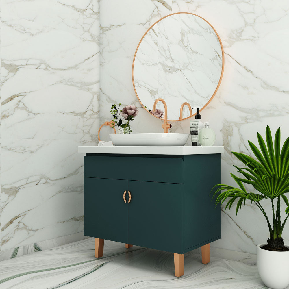 Vanity, Green & White Vanity, Vanity with White Corian Top, Vanity with Drawer, Vanity with Shutter, Vanity -EL-251