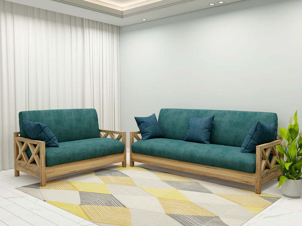 Sofa Set, Solid Wood Sofa, Sofa For Living Room, Light Brown & Green Color Sofa, Sofa with Green Fabric, Sofa Set - EL- 4060