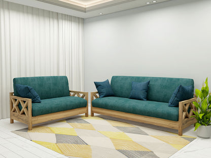 Sofa Set, Solid Wood Sofa, Sofa For Living Room, Light Brown & Green Color Sofa, Sofa with Green Fabric, Sofa Set - EL- 4060