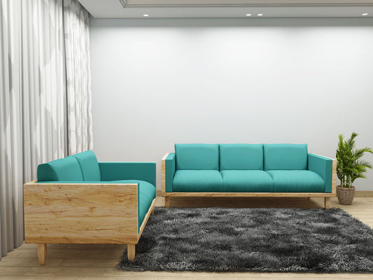 Sofa Set, Solid Wood Sofa, Sofa For Living Room,  Blue & Light Wood  Color Sofa, Sofa with Grey Fabric,   Sofa Set - EL- 4065