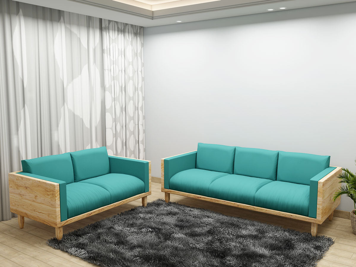 Sofa Set, Solid Wood Sofa, Sofa For Living Room,  Blue & Light Wood  Color Sofa, Sofa with Grey Fabric,   Sofa Set - EL- 4065