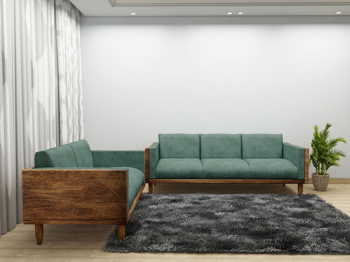 Sofa Set, Solid Wood Sofa, Sofa For Living Room, Green & Dark Wood Color Sofa, Sofa with Grey Fabric,   Sofa Set - EL- 4066