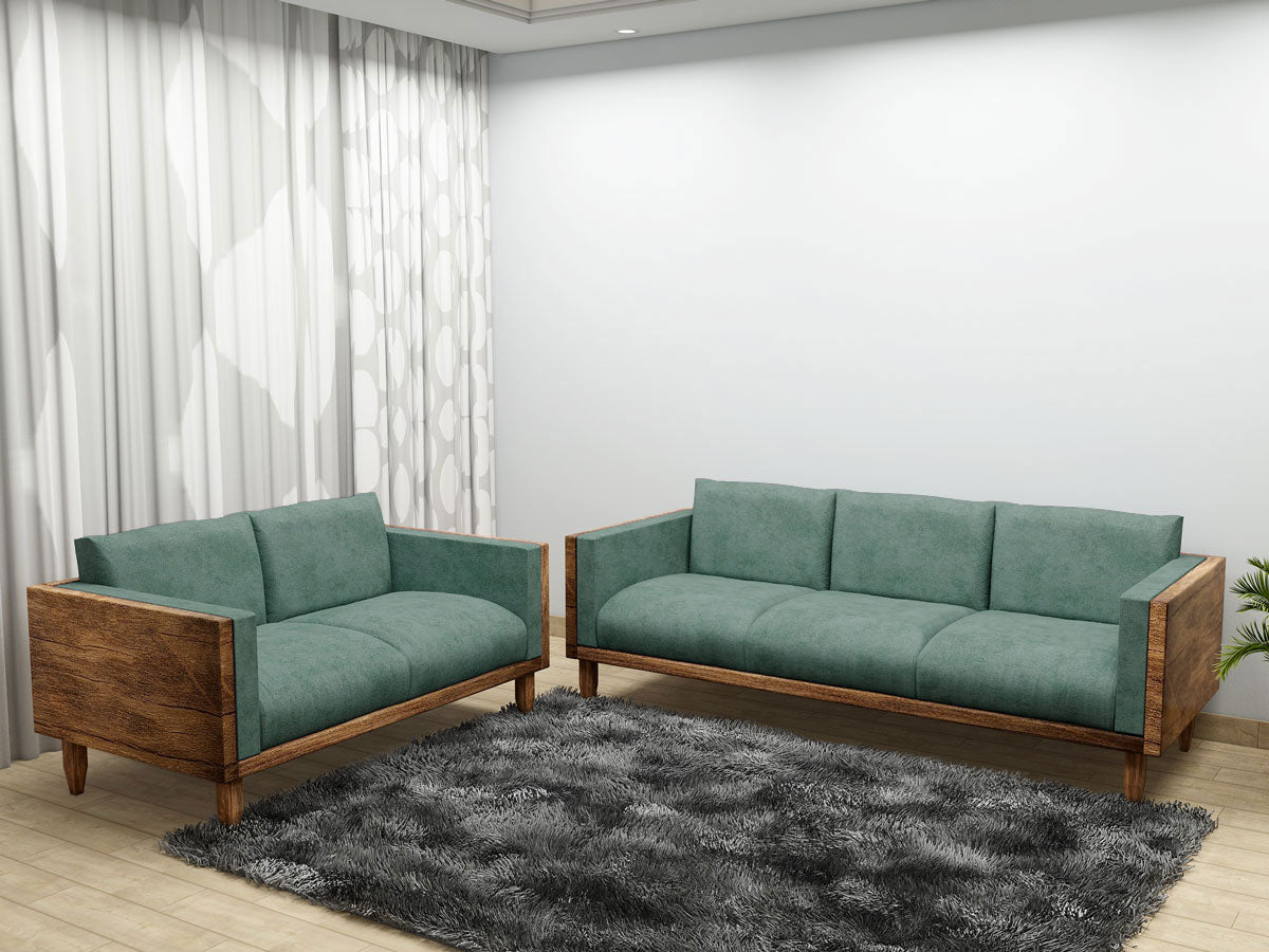 Sofa Set, Solid Wood Sofa, Sofa For Living Room, Green & Dark Wood Color Sofa, Sofa with Grey Fabric,   Sofa Set - EL- 4066