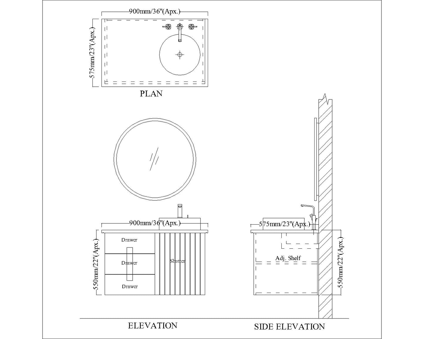 Vanity, Vanity with Corian Top, Water Resistant Vanity, Vanity with Drawer & Shutter, Wall Mounted Vanity, Vanity - EL250