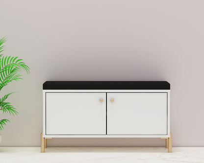 Scandinavian Style White Shoe Bench with Black Cushion and Gold Legs,  EL-2005
