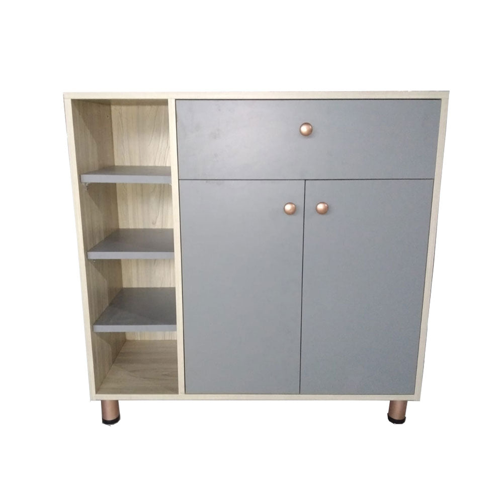 Beige & Grey Wooden Storage Cabinet with Shelves, Drawer & Brass Knobs – EL-2003