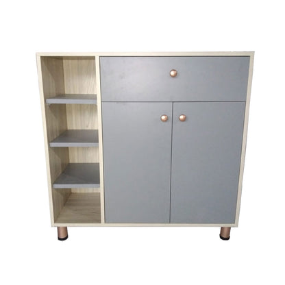 Beige & Grey Wooden Storage Cabinet with Shelves, Drawer & Brass Knobs – EL-2003