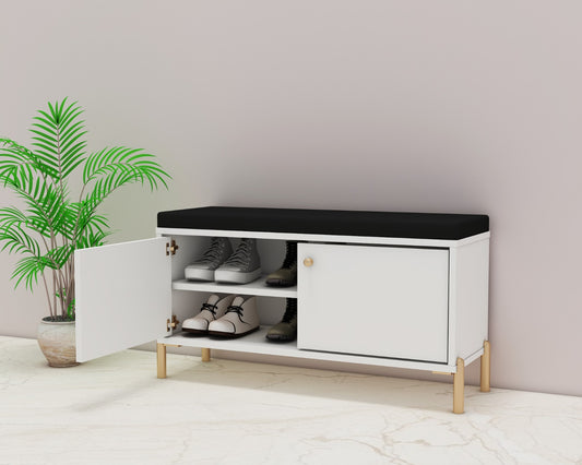Scandinavian Style White Shoe Bench with Black Cushion and Gold Legs,  EL-2005