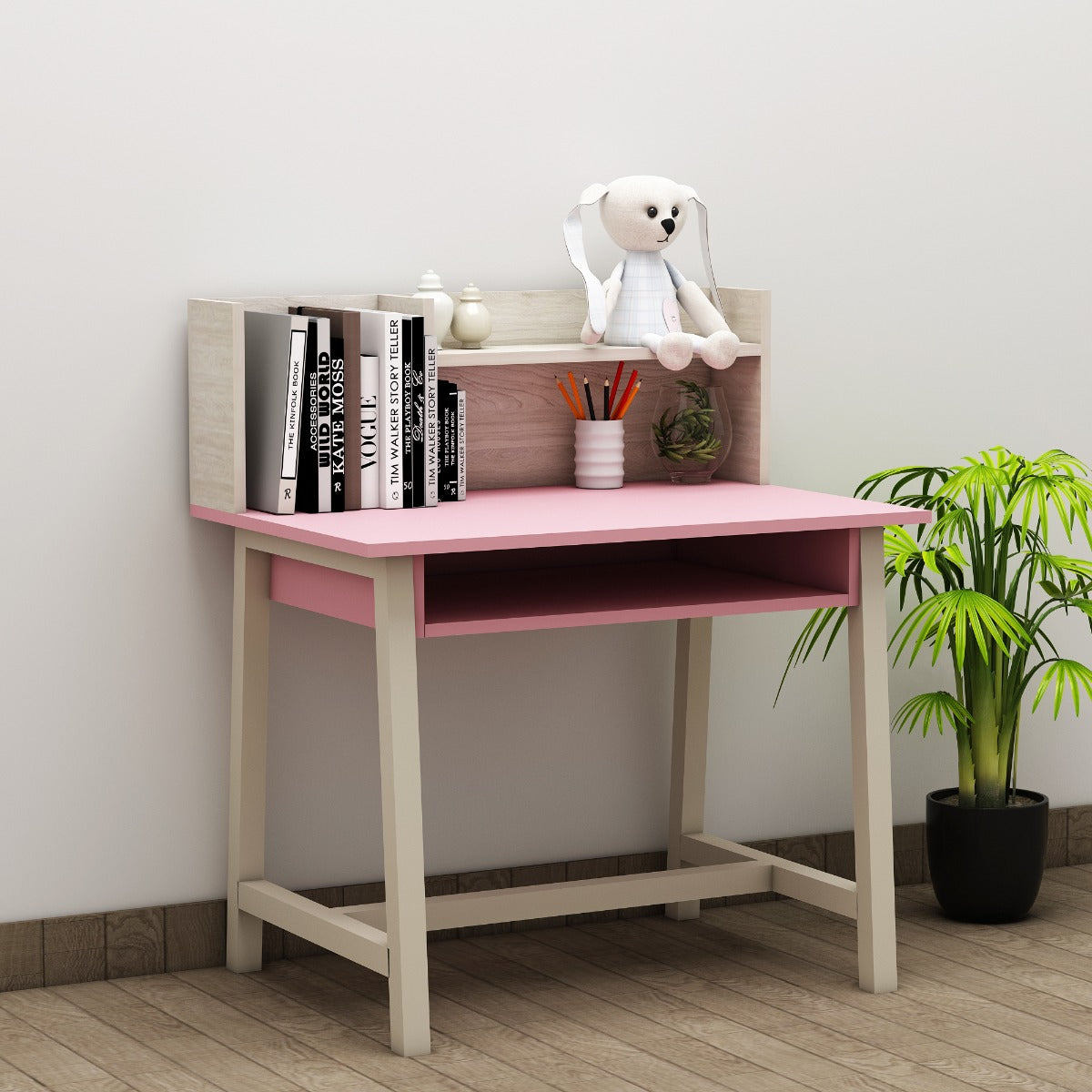 Kids Study Table, Wood & Pink Color Study Table, Study Table with Open ...