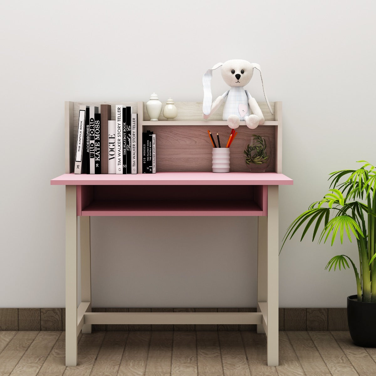 Kids Study Table,  Wood & Pink Color Study Table, Study Table with Open Shelf, Study Table - EL - 12015