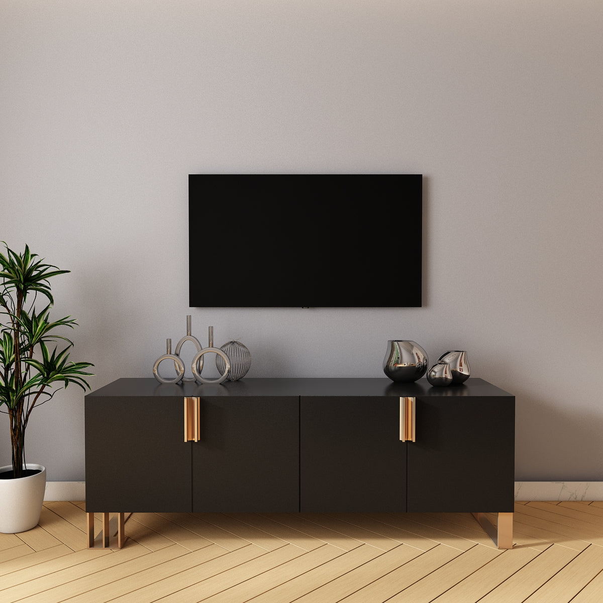 Entertainment Unit, Black Color Entertainment Unit, Entertainment Unit for Living & Bedroom Area, Entertainment Unit with Shutter, Entertainment Unit with MS Leg in Golden Finish, Entertainment Unit - EL - 10015