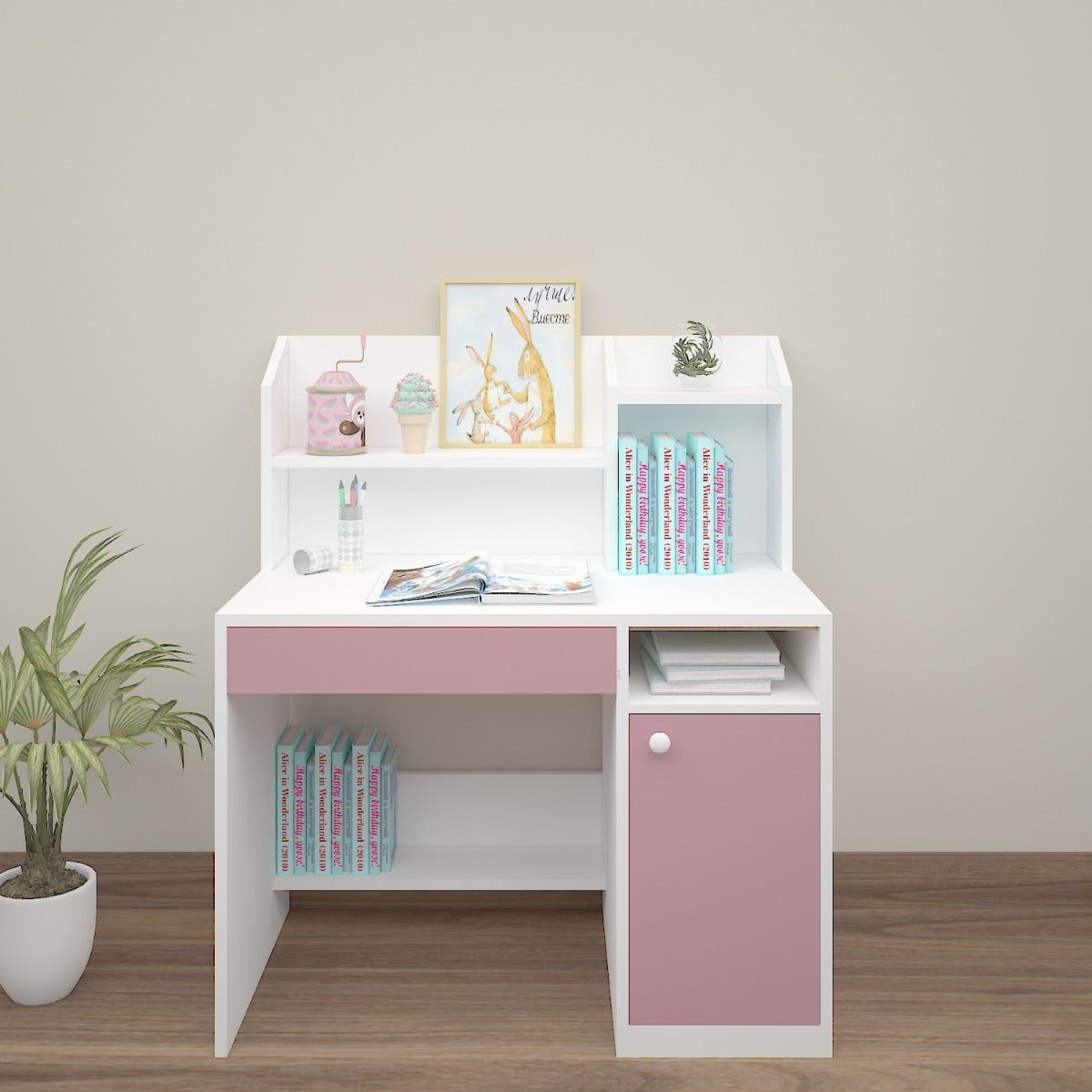 Kids Study Table, White & Pink Color Study Table, Study Table with Open Shelf, Study Table with Shutter, Study Table with Drawer, Study Table - EL - 12031