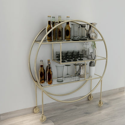 Circular 3-Tier Gold Metal Bar Trolley with Glass Shelves – Holds 8 Bottles, 12 Glasses, Wine Rack, Shaker & Jug Storage – EL-2007