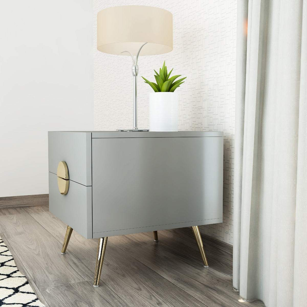 Wooden Bedside Table , Bedside Table with golden handles & legs,  wooden Bedside Table in grey & golden with drawers,Floor standing, Bedside Table- EL802