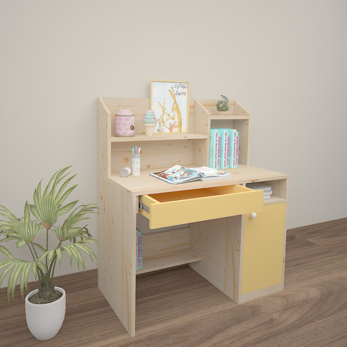 Kids Study Table, Wood & Yellow Color Study Table, Study Table with Open Shelf, Study Table with Shutter, Study Table with Drawer, Study Table - EL - 12032