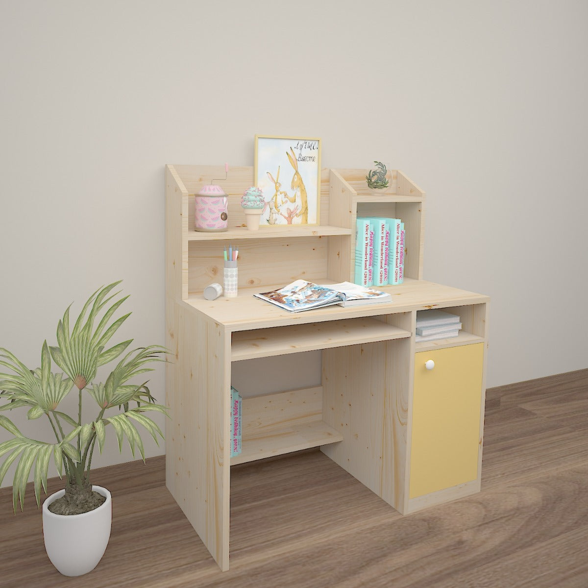 Kids Study Table, Wood & Yellow Color Study Table, Study Table with Open Shelf, Study Table with Shutter, Study Table - EL - 12034