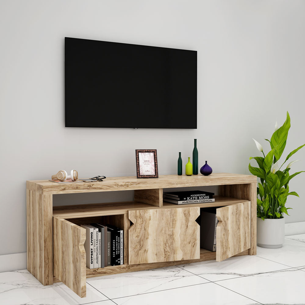 Entertainment Unit, Solid Wood Entertainment Unit, Light Brown Color Entertainment Unit , Entertainment Unit with Shutter,  Entertainment Unit with Open Shelf, Entertainment Unit- IM- 10034