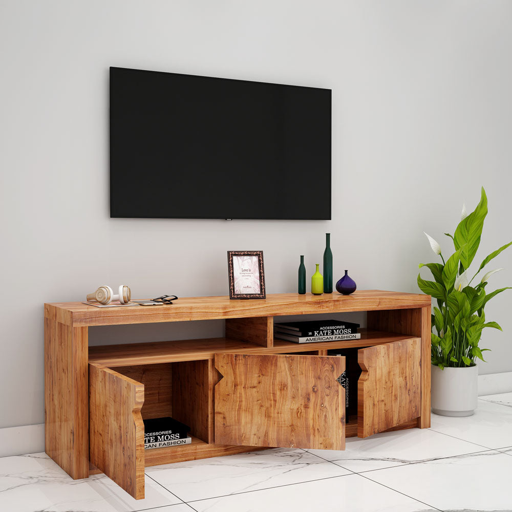 Entertainment Unit, Solid Wood Entertainment Unit, Brown Color Entertainment Unit , Entertainment Unit with Shutter,  Entertainment Unit with Open Shelf, Entertainment Unit- IM- 10035