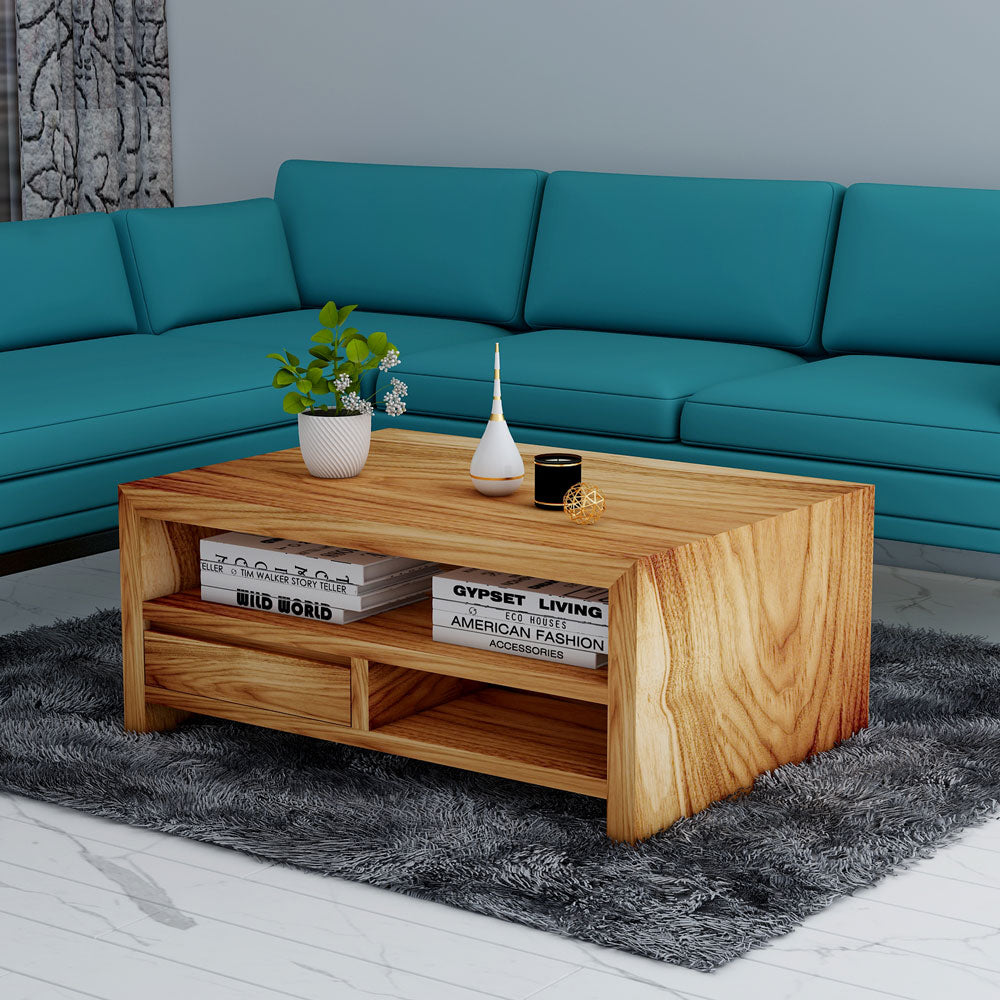 Coffee Table, Solid Wood Coffee Table, Brown Color Coffee Table, Coffee Table with Drawer,  Coffee Table with Open Shelf, Coffee Table- IM- 12073