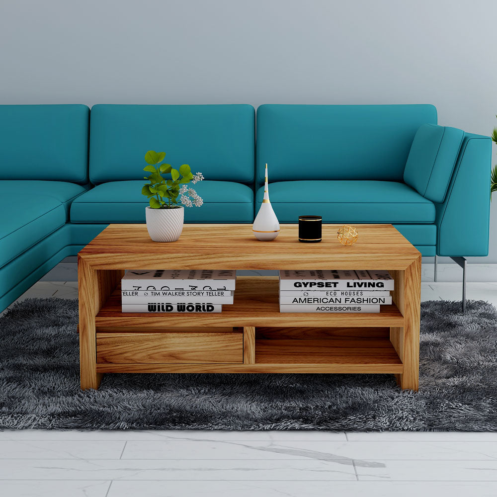 Coffee Table, Solid Wood Coffee Table, Brown Color Coffee Table, Coffee Table with Drawer,  Coffee Table with Open Shelf, Coffee Table- IM- 12073