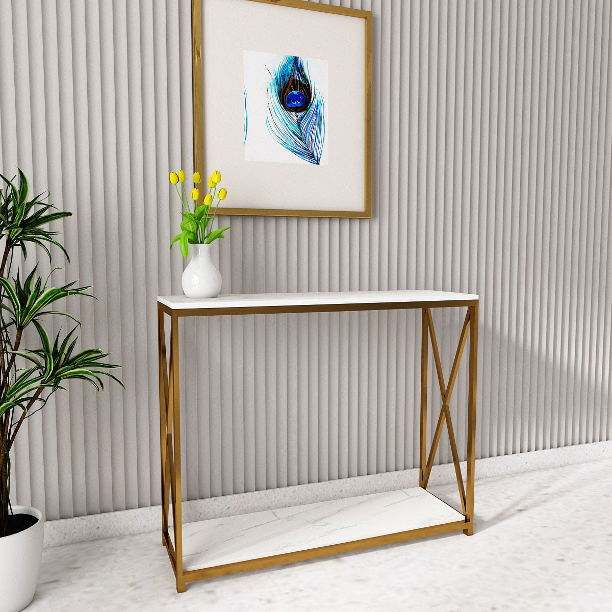 Console Table, Console Table Top with White PVC Acrylic Satvario Finish, Console Table with Gold MS Leg, Console Table - IM- 12079