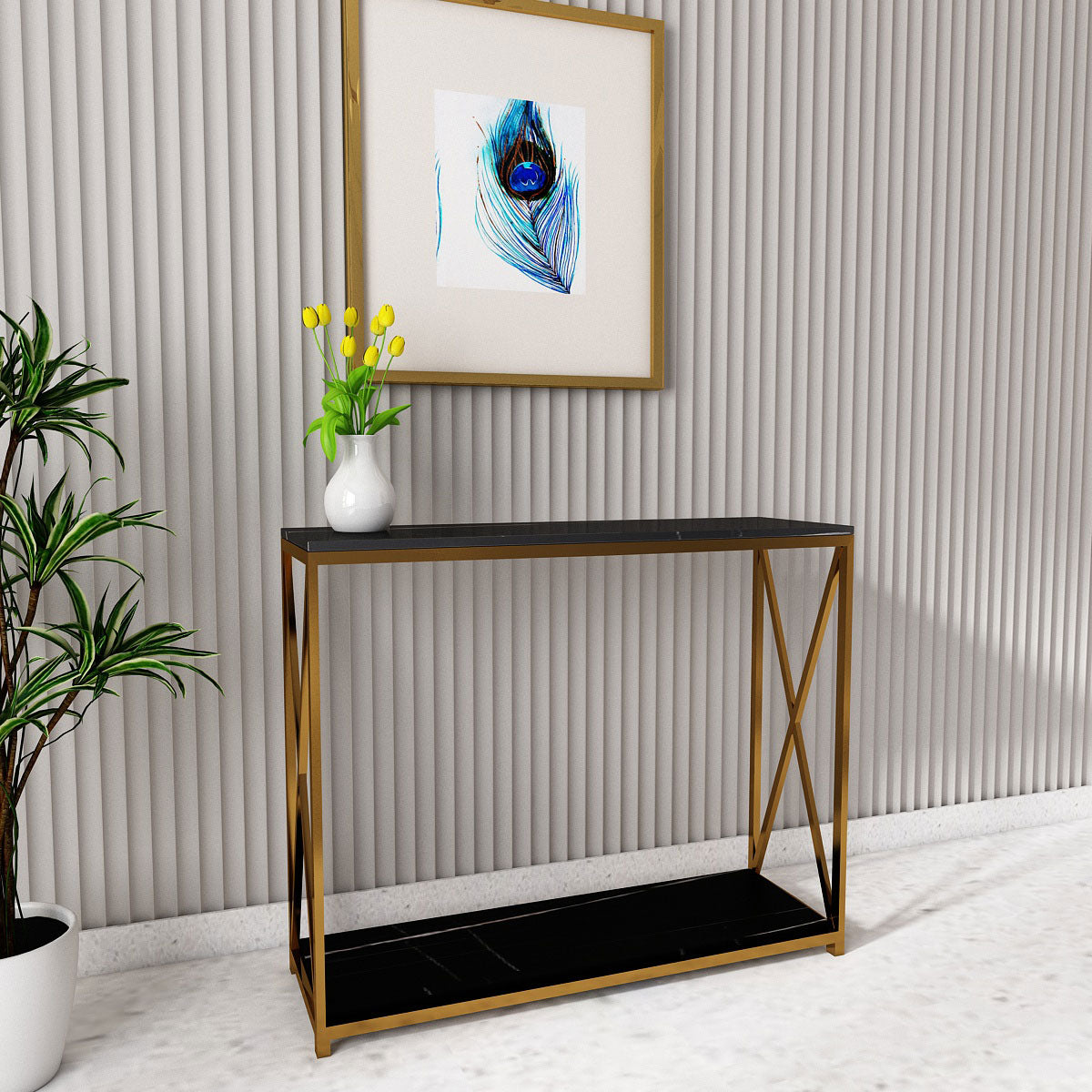 Console Table, Console Table Top with Black PVC Acrylic Satvario Finish, Console Table with Gold MS Leg, Console Table - IM- 12080