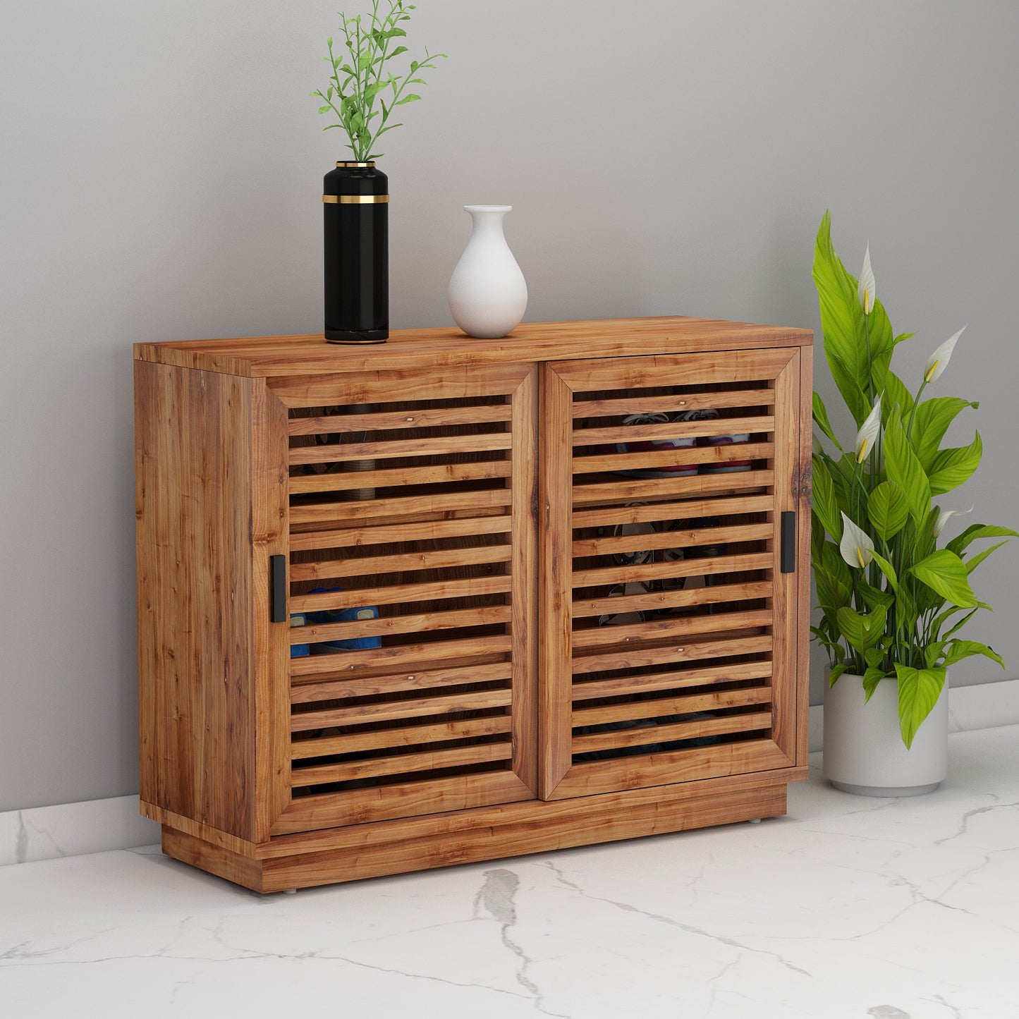 Natural Wood Finish Shoe Rack with Sliding Shutter Door, Multi-Tier Open & Closed Storage Cabinet – IM-10066