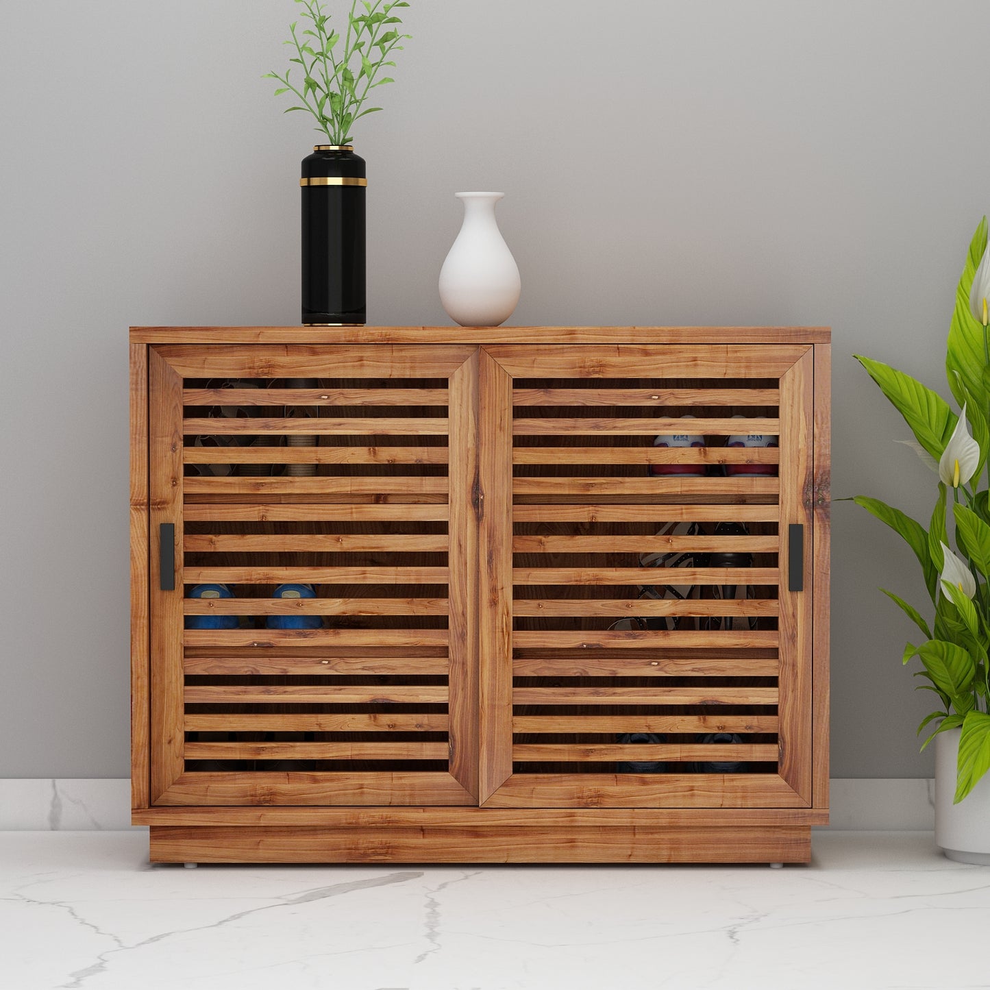 Natural Wood Finish Shoe Rack with Sliding Shutter Door, Multi-Tier Open & Closed Storage Cabinet – IM-10066