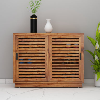 Natural Wood Finish Shoe Rack with Sliding Shutter Door, Multi-Tier Open & Closed Storage Cabinet – IM-10066