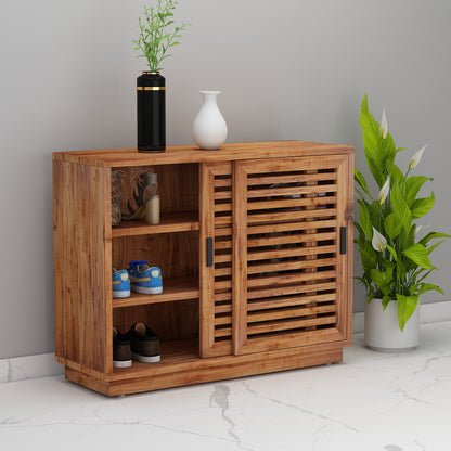 Natural Wood Finish Shoe Rack with Sliding Shutter Door, Multi-Tier Open & Closed Storage Cabinet – IM-10066