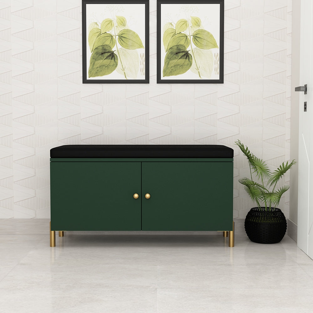 Stylish Green Shoe Cabinet Bench with Black Cushioned Seat, Dual Door Storage & Gold Legs – IM-10068