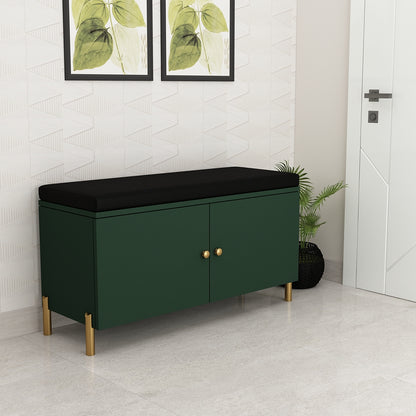 Stylish Green Shoe Cabinet Bench with Black Cushioned Seat, Dual Door Storage & Gold Legs – IM-10068