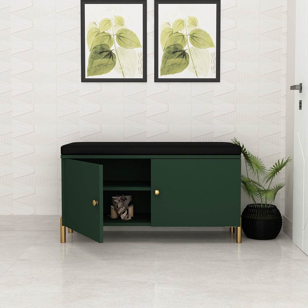 Stylish Green Shoe Cabinet Bench with Black Cushioned Seat, Dual Door Storage & Gold Legs – IM-10068