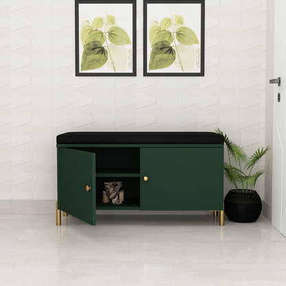 Stylish Green Shoe Cabinet Bench with Black Cushioned Seat, Dual Door Storage & Gold Legs – IM-10068