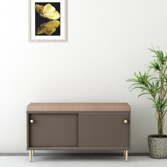 Contemporary Brown Shoe Rack Bench with Cushioned Seat, Open Shelves & Sliding Door – IM-10070