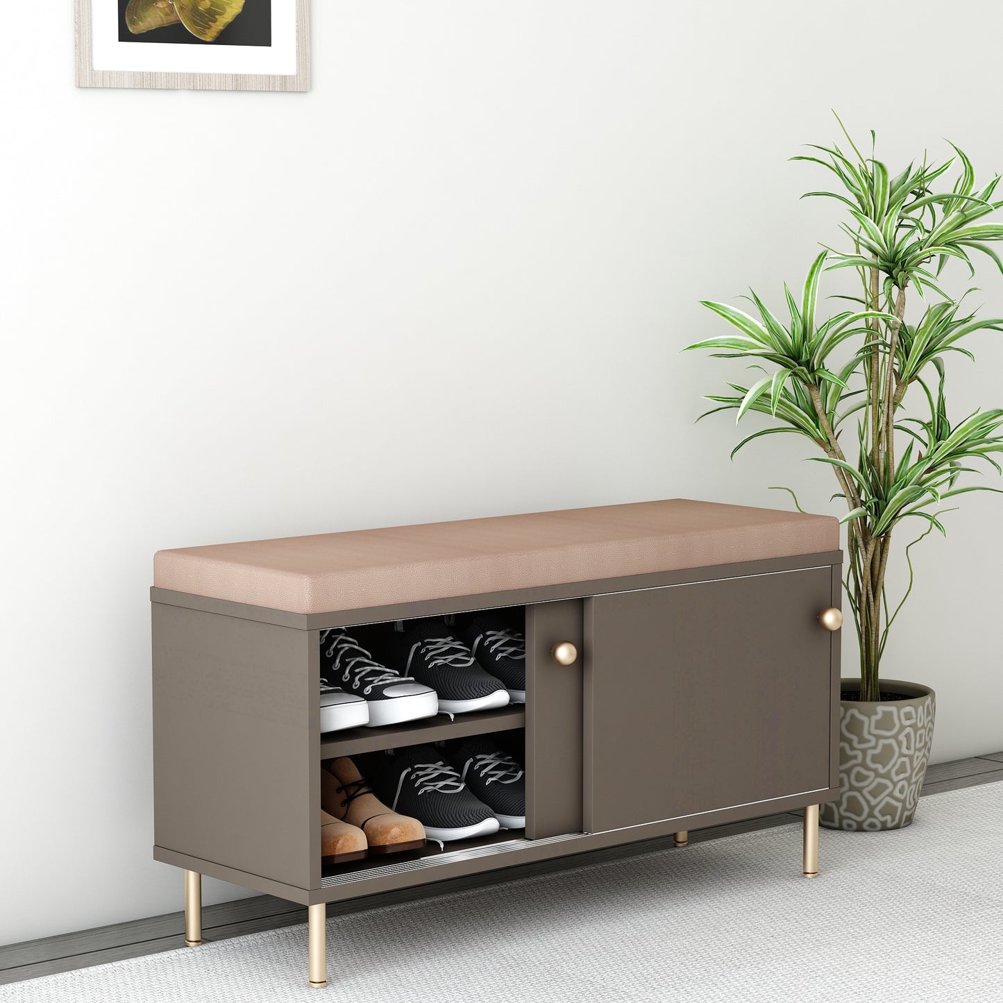 Contemporary Brown Shoe Rack Bench with Cushioned Seat, Open Shelves & Sliding Door – IM-10070