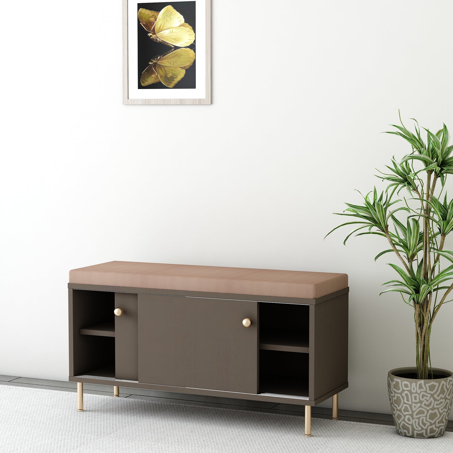 Contemporary Brown Shoe Rack Bench with Cushioned Seat, Open Shelves & Sliding Door – IM-10070