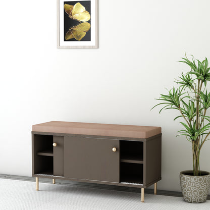 Contemporary Brown Shoe Rack Bench with Cushioned Seat, Open Shelves & Sliding Door – IM-10070