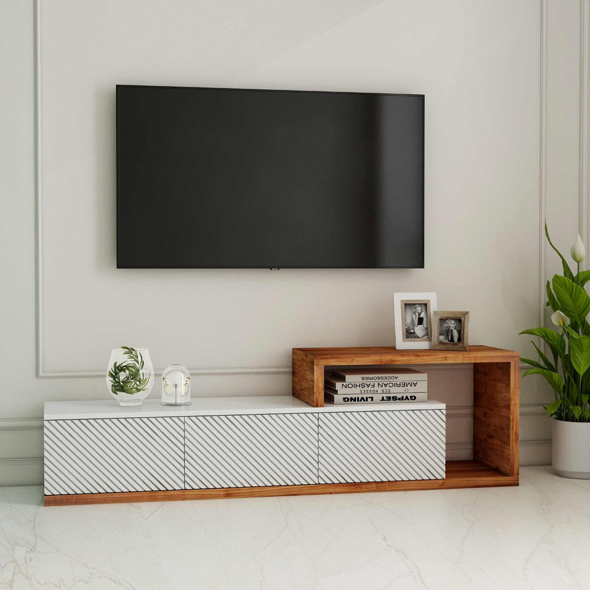 Entertainment Unit, Wood & White Color TV Unit, TV Unit For Living & Bedroom Area, TV Unit With Drawer, TV Unit - IM10071