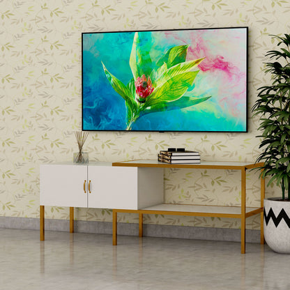 Entertainment Unit, White Color TV Unit, TV Unit with Shutter & Open Shelf, MS Leg in Golden Color, Entertainment Unit - IM10074