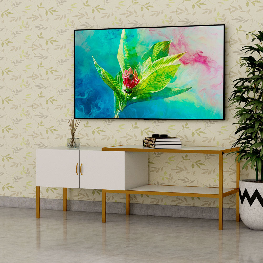 Entertainment Unit, White Color TV Unit, TV Unit with Shutter & Open Shelf, MS Leg in Golden Color, Entertainment Unit - IM10074