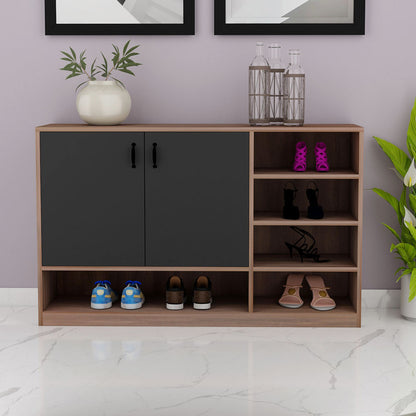 Natural Oak & Black Shoe Cabinet with Dual Doors and Multiple Open Shelves – IM-10078