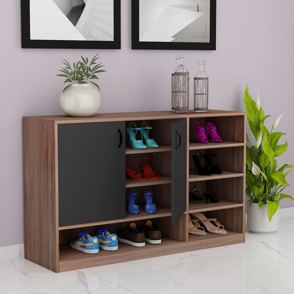 Natural Oak & Black Shoe Cabinet with Dual Doors and Multiple Open Shelves – IM-10078