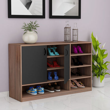 Natural Oak & Black Shoe Cabinet with Dual Doors and Multiple Open Shelves – IM-10078