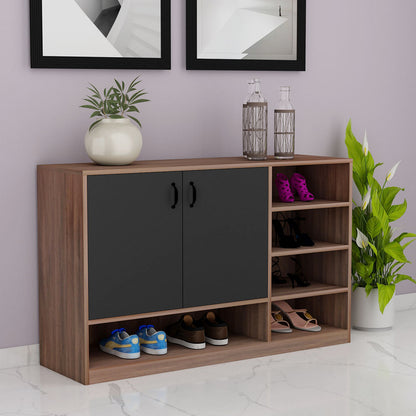 Natural Oak & Black Shoe Cabinet with Dual Doors and Multiple Open Shelves – IM-10078