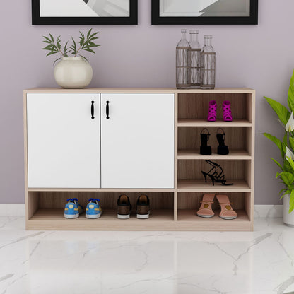 Natural Oak & White Shoe Cabinet with Multiple Open Shelves & Dual Doors – IM-10079