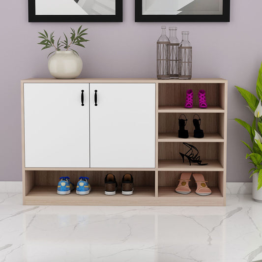 Natural Oak & White Shoe Cabinet with Multiple Open Shelves & Dual Doors – IM-10079